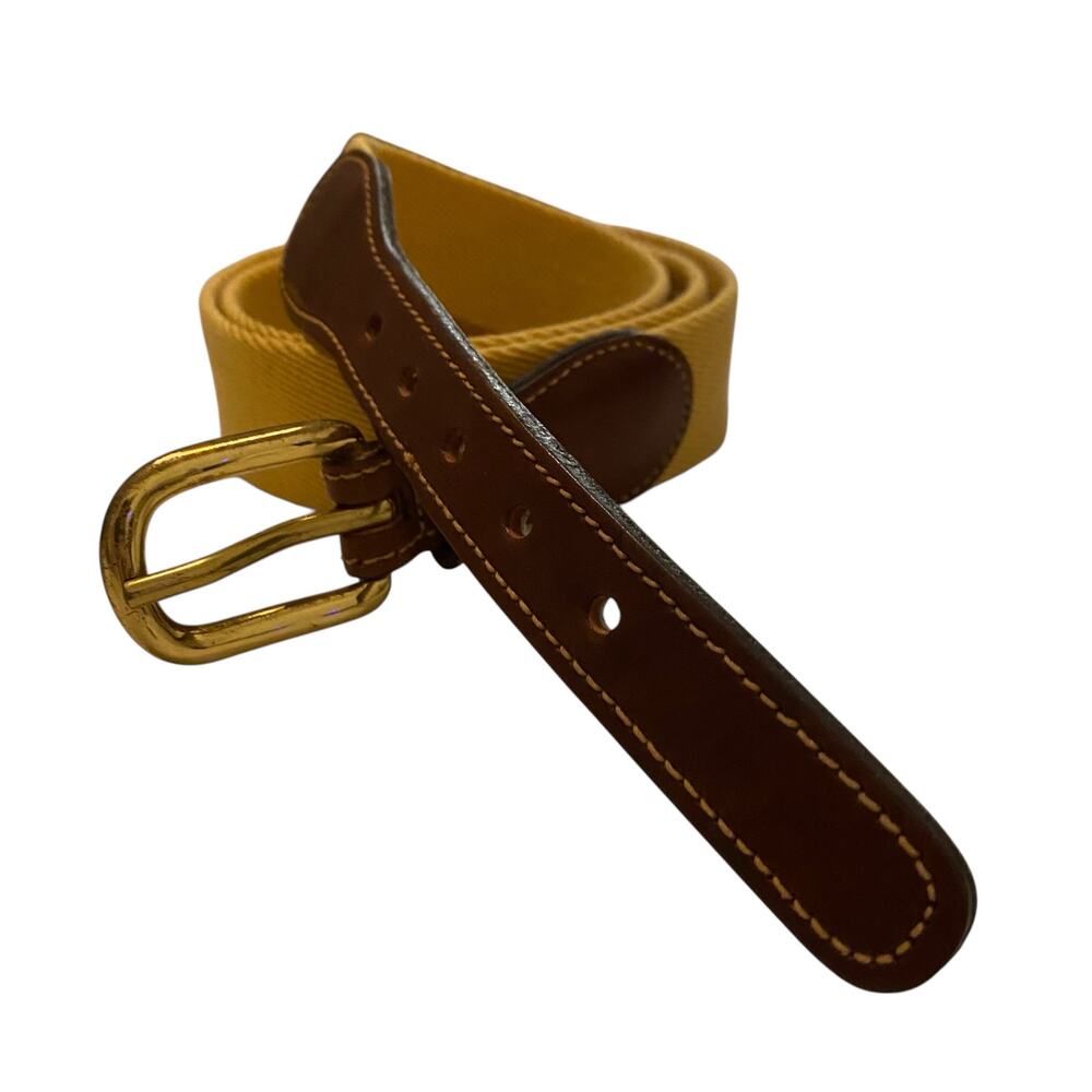 Women's Yellow Fabric Belt w/ Brown Genuine Leather Trim and Solid Brass Buckle